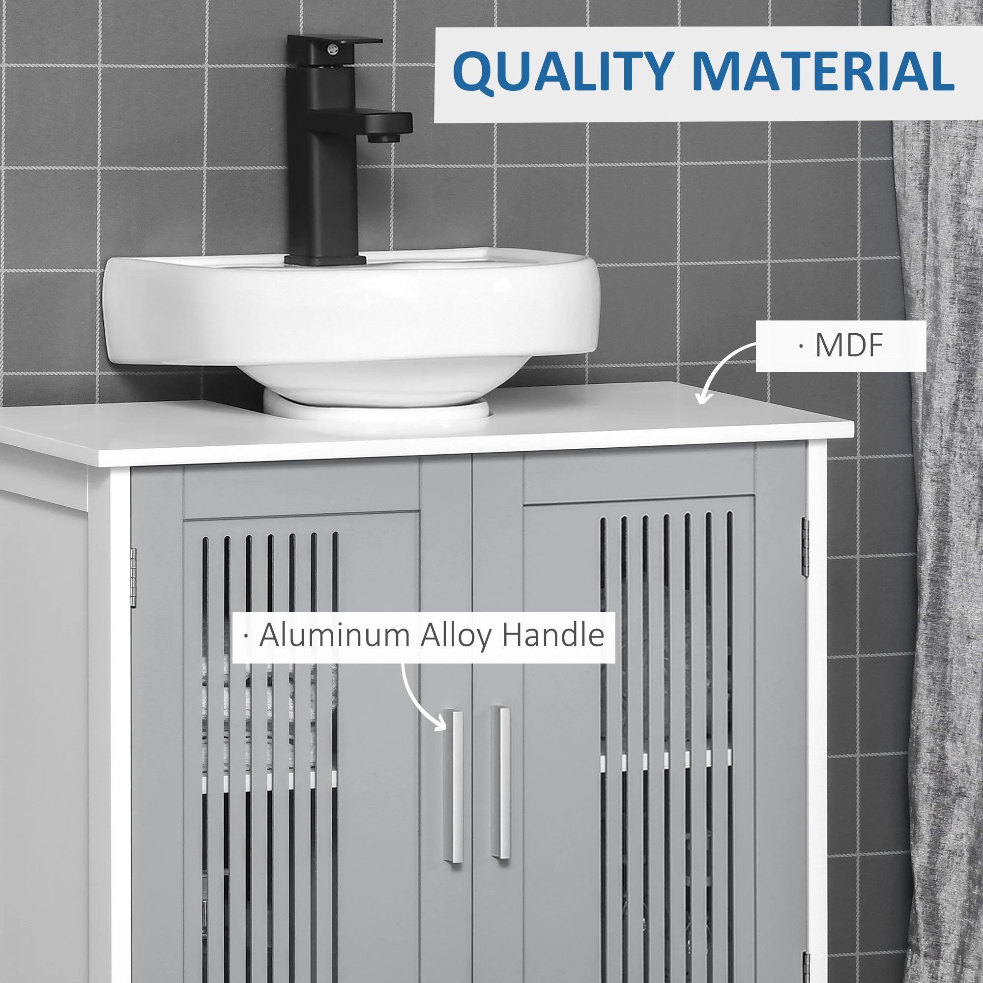 kleankin Bathroom Pedestal Under Sink Cabinet with Storage Shelf, 2 Doors, Grey