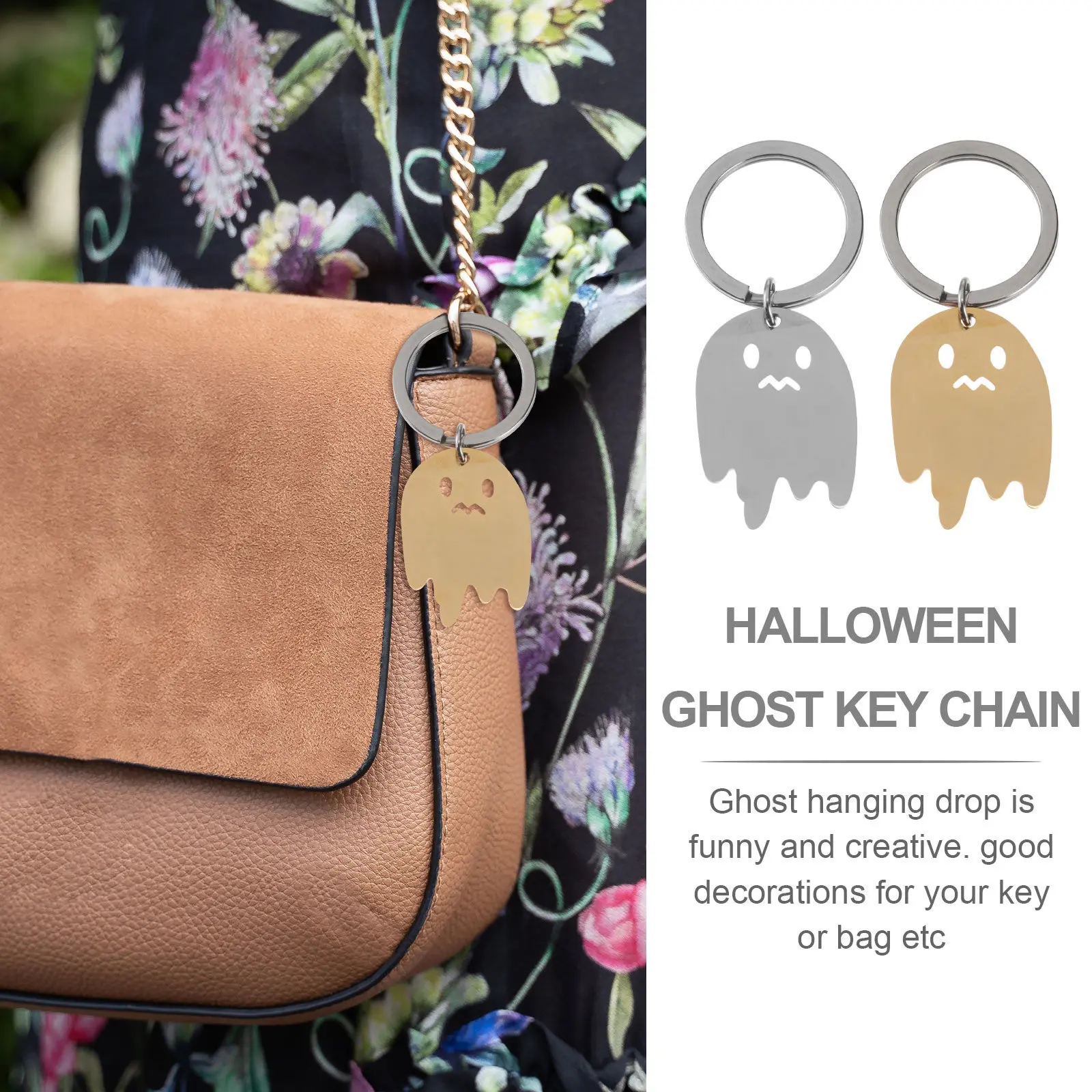 2Pcs Ghost Keychains Stainless Steel Halloween Key Ring for Men Women, Golden Rust-Resistant Hanging Decor Gift