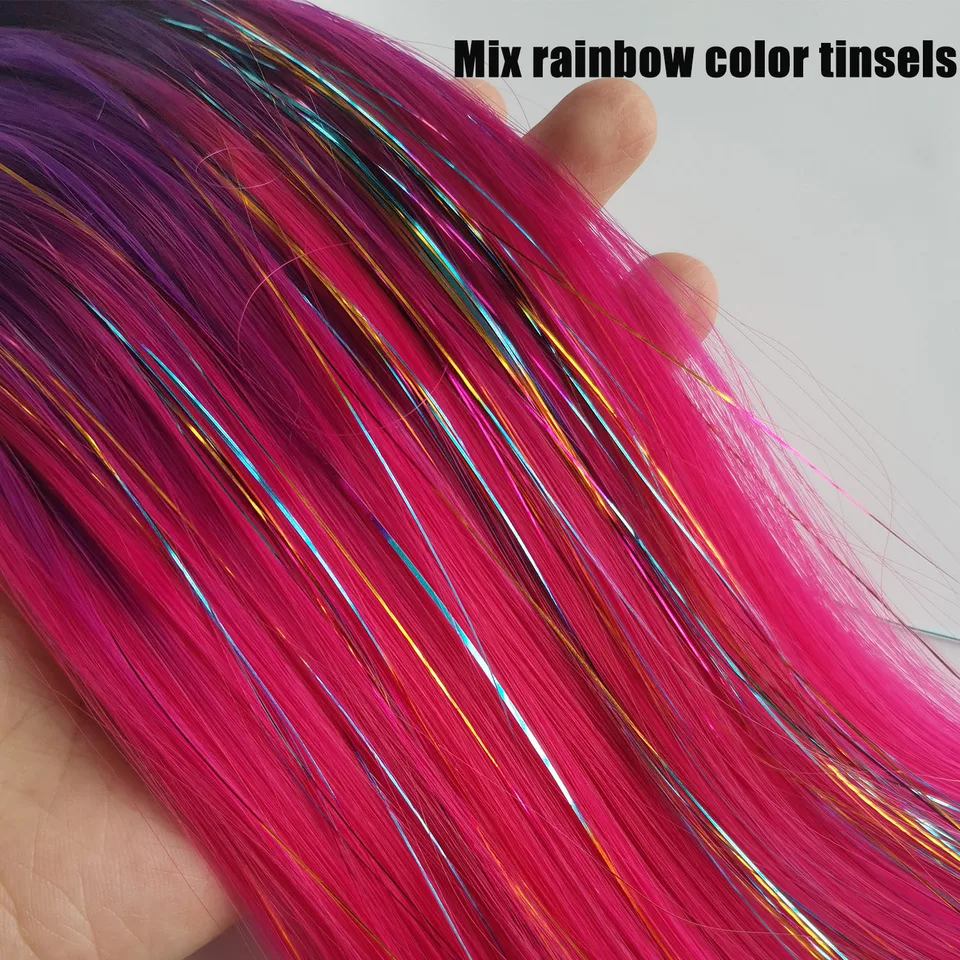 Extensión de Cola de Caballo con Tinsel Púrpura, Rojo y Rosa con Liga para Niñas, Cabello Loco para Fiestas 4