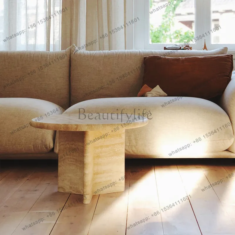 LS Nordic round living room sofa coffee table model room small apartment designer natural travertine