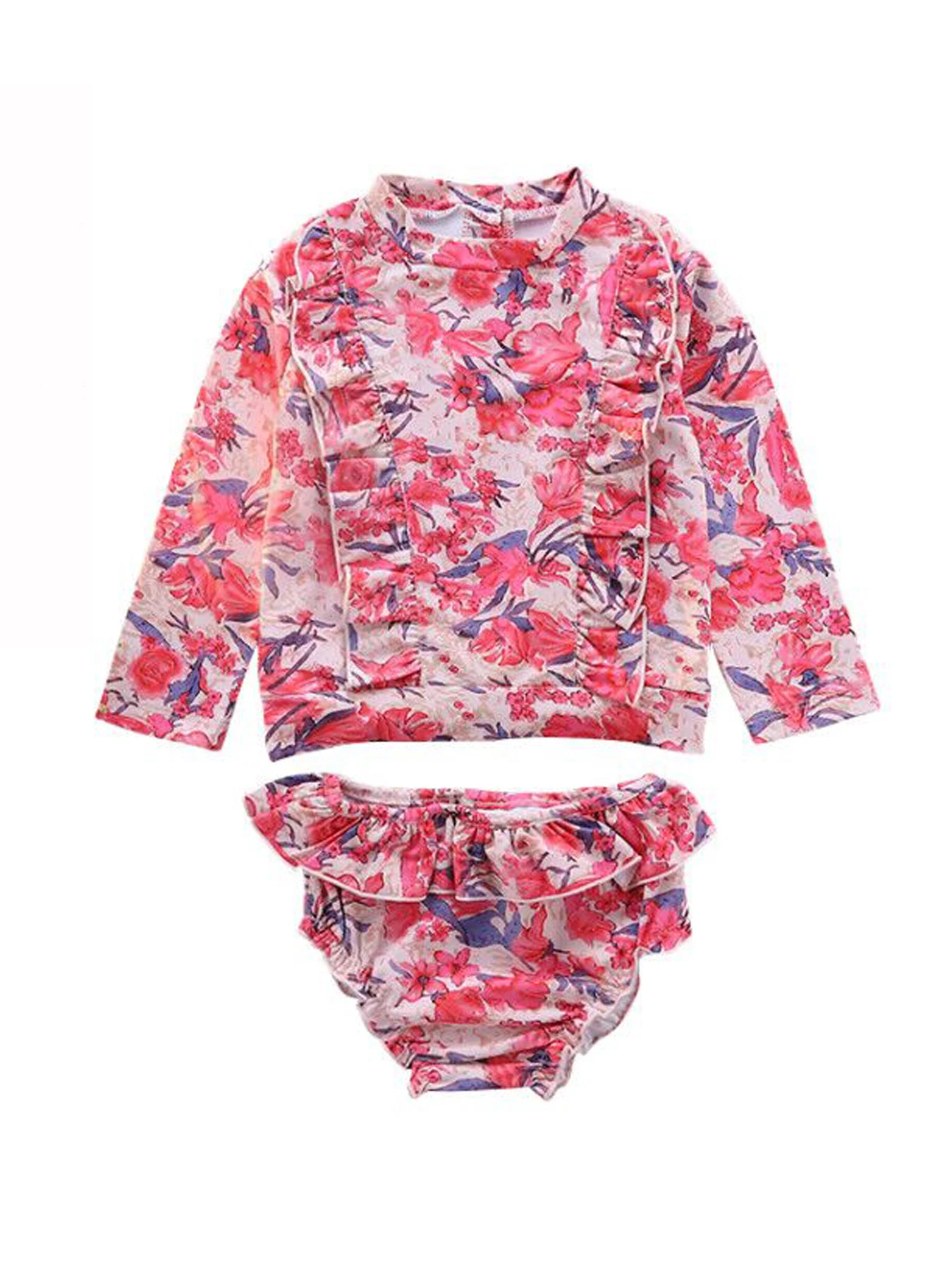 

Girl's Long sleeve Swimsuit, Vibrant Floral Pattern, Ruffled Edges, Top and Bottoms, Ideal for Swimming