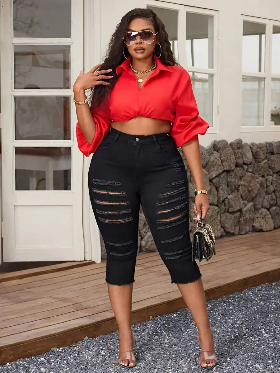 

Curvy Fit Womens Ripped Elastic High-Waisted Cropped Denim Pants