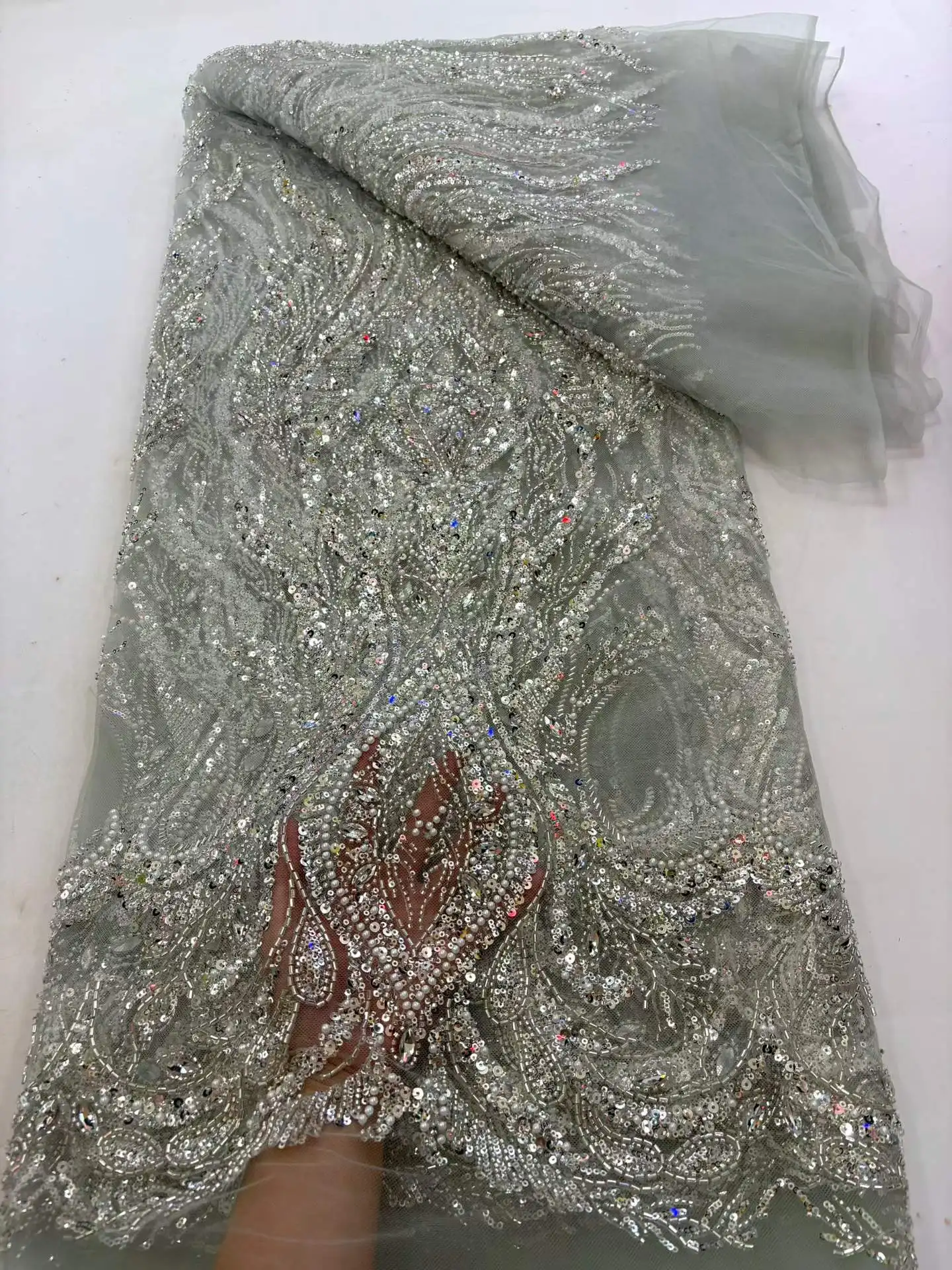 2026 High Grade Shiny Sequins Tulle Lace Fabric with Tube Beads Sequins Embroidery French Net Lace for Party Wedding