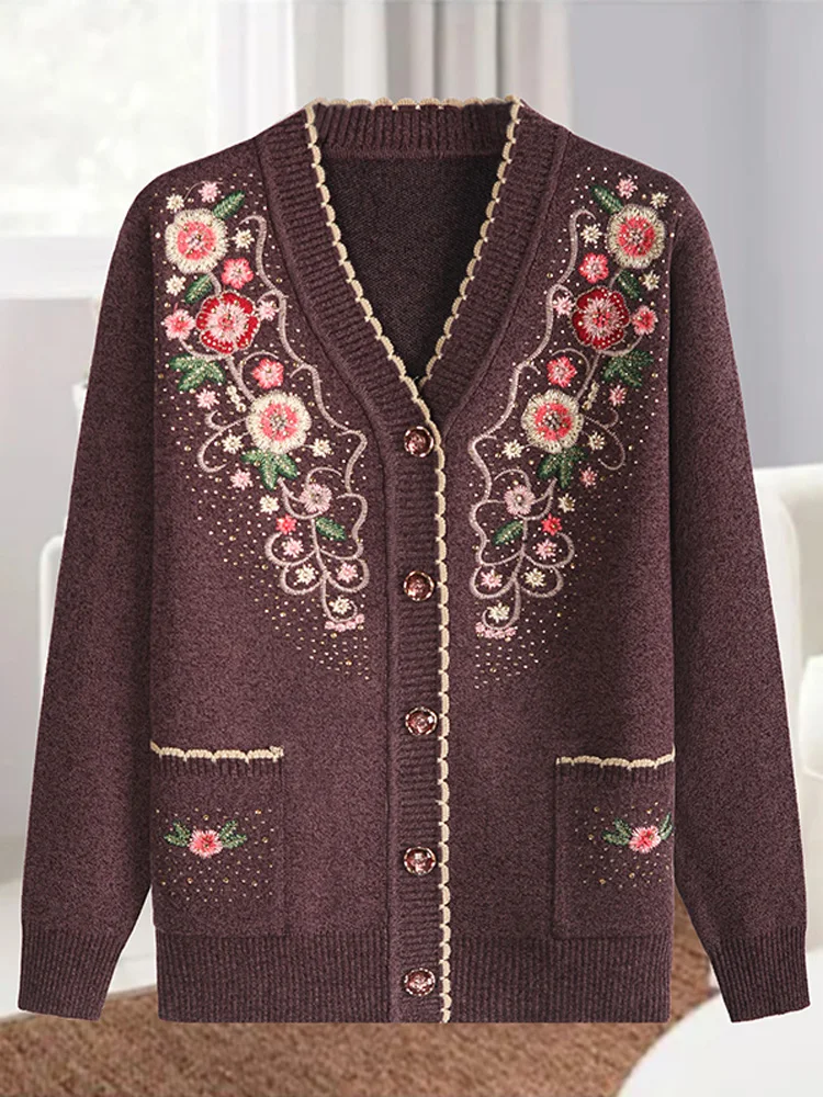 Spring New Sle Knitted Cardigan for Middle-Aged And ly Women Embroidered V-Ne Base Layer Outerwear Wool Blend Faion
