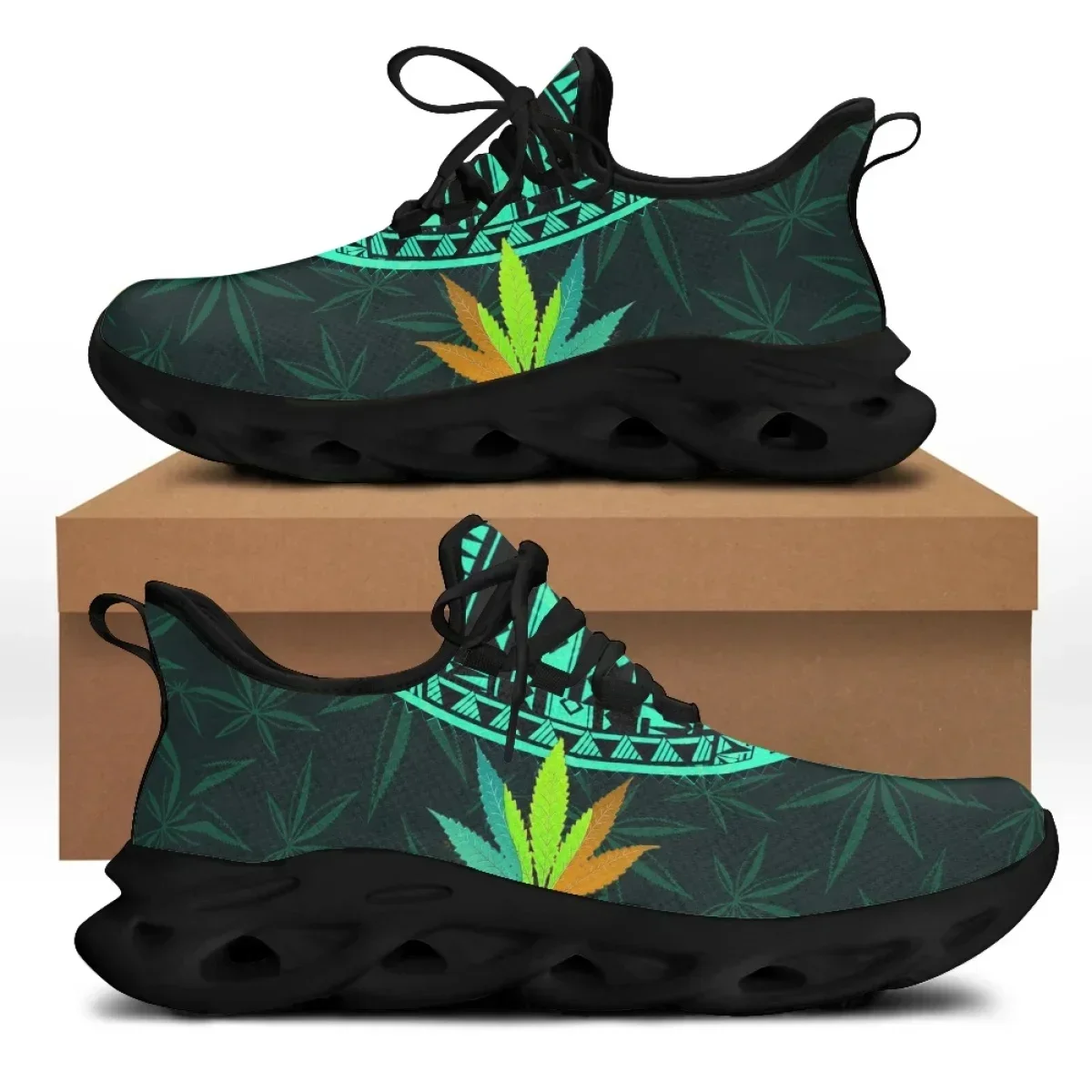 

Мужские массивные кроссовки Custom Polynesia Green Leaves с этническим узором и ремешками, дышащая сетчатая ткань, 2022, zapatillas de deporte