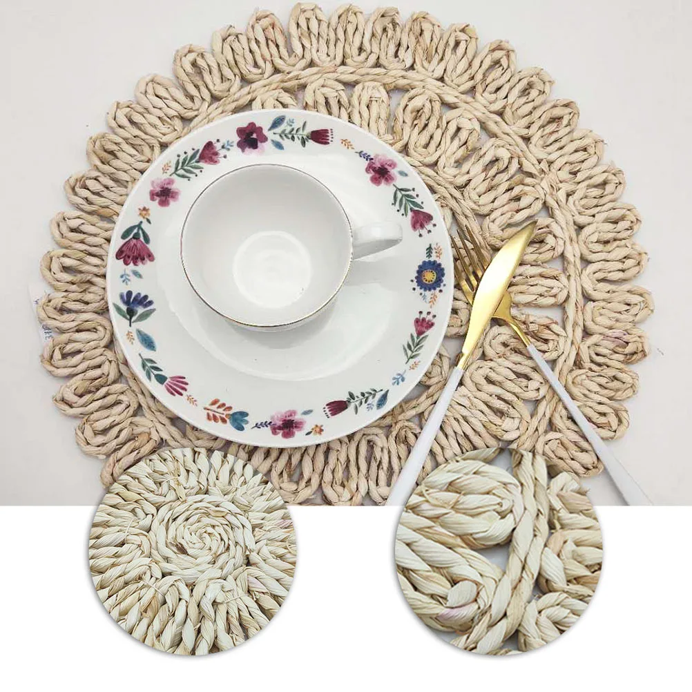 

Weave Placemat Round Corn Husk Coaster Heat Insulation Mat Non-Slip Tableware Pad For Home Kitchen Dining Decorative