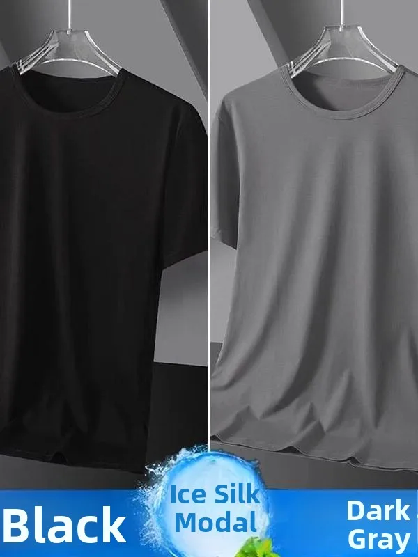 Modal Ice Silk Cotton Short Sleeve T-Shirt Men's Summer  Color Base Layer Half Sleeve Top Elastic Quick Dry Small Shirt