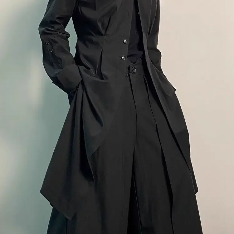 Y2K القوطية خندق معطف الرجال الظلام الأكاديمية الشارع الشهير قميص طويل فستان غير المتماثلة هيم مربوط فاسق نمط ملابس خارجية #5