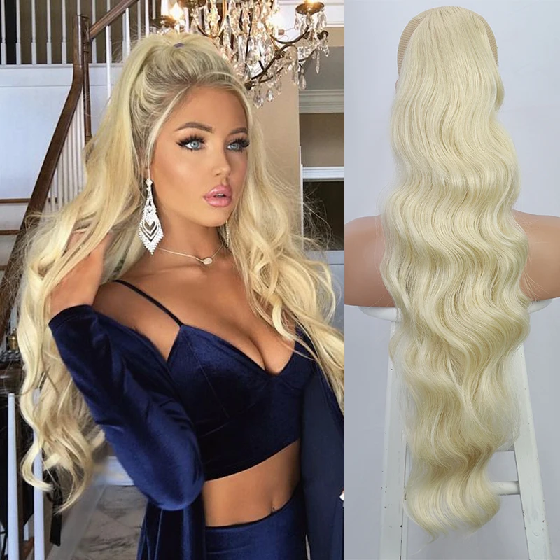 Long Wave Ponytail Hair Extensions 24'' Drawstring Ponytail False Hair for Women Blonde Synthetic Body Wavy Fake Tail Hairpiece