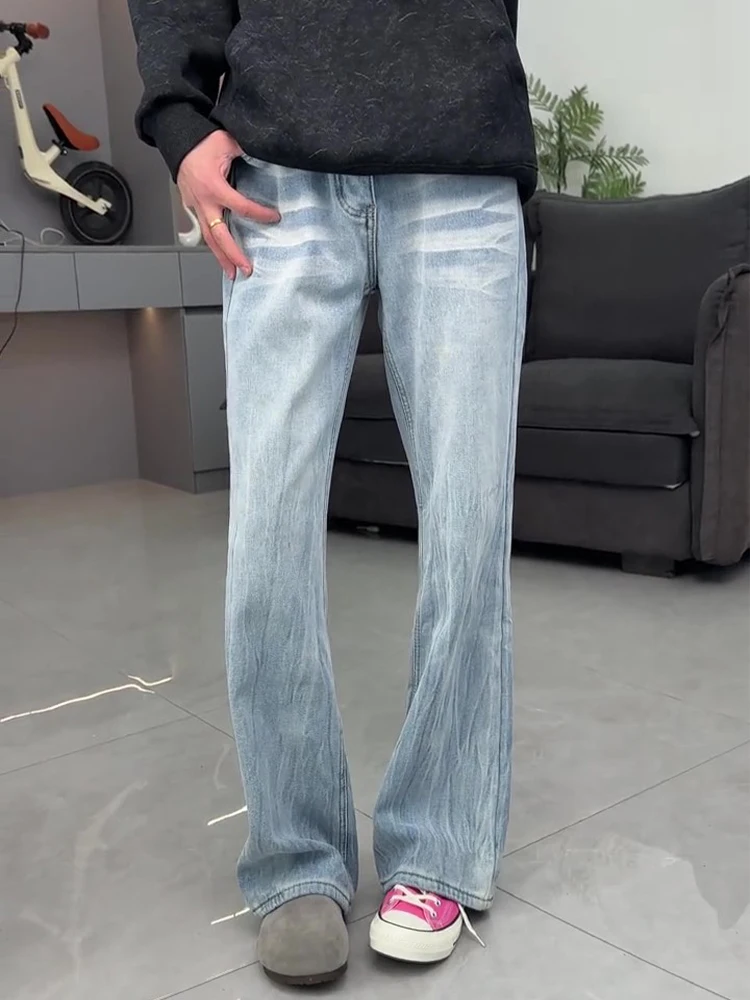 

Blue American Vibe Thiened Fce Winter Straight Leg Jeans Men's High Street Cleanfit Bell Bot Casual mid Waist Jeans