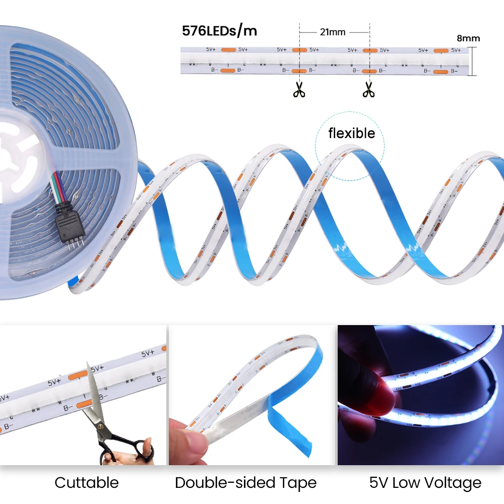 RGB COB LED Strip Light 5V USB Bluetooth APP Remote Control High Density Flexible FOB Led Light 576 LED Ribbon Tape TV Backlight