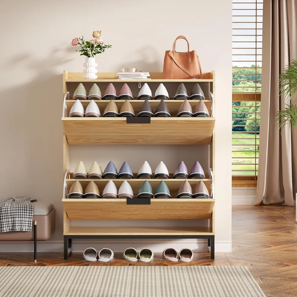 خزانة أحذية خشبية ضيقة قائمة بذاتها مع درجين رفرف للتخزين المخفي