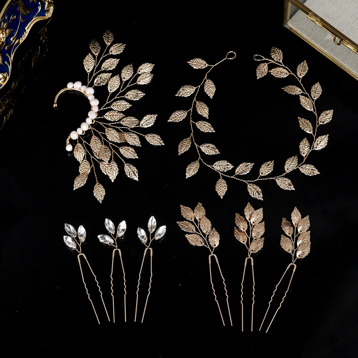 Stylish Metal Leaf Hair and Ear Charms Sparkling Crystal Hairpin Set Mori Leaf Handmade Hairband Party Headdress Set