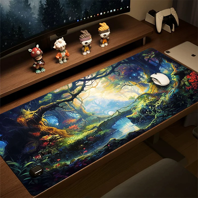 Large Gaming Mouse Pad Fantasy Forest Art Desk Mat Non-slip Rubber Base Stitched Edge Keyboard Pads PC Tablet for Office Decor
