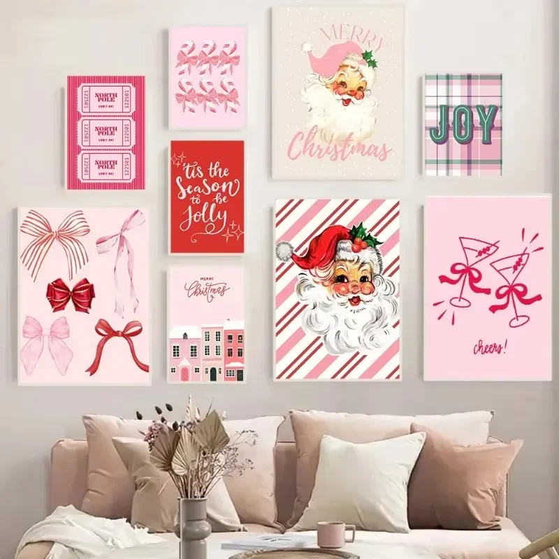 Multiple sizes 1pc frameless Canvas Painting,Modern Pink Christmas Poster Print Pastel Celebrate Christmas Santa Claus Canvas Pa