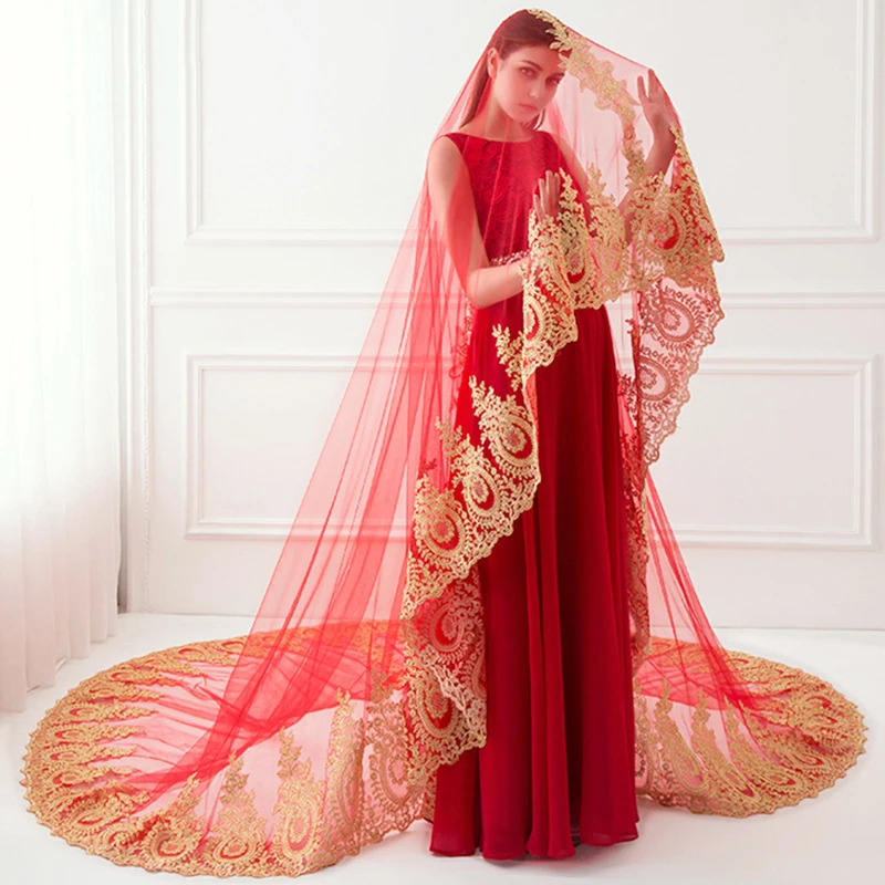 

Real Photos One Layer Gold Lace Edge 3 Meters Cathedral Woodland Wedding Veils with Comb 3M Long White Ivory Red 1T Bridal Veils