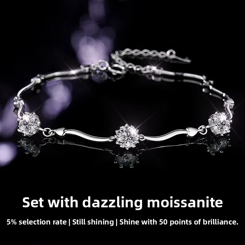 

S925 Silver Snowflake D Color Moissanite Bracelet for Women, Rhodium Plated Fine Jewelry with GRA Certificate