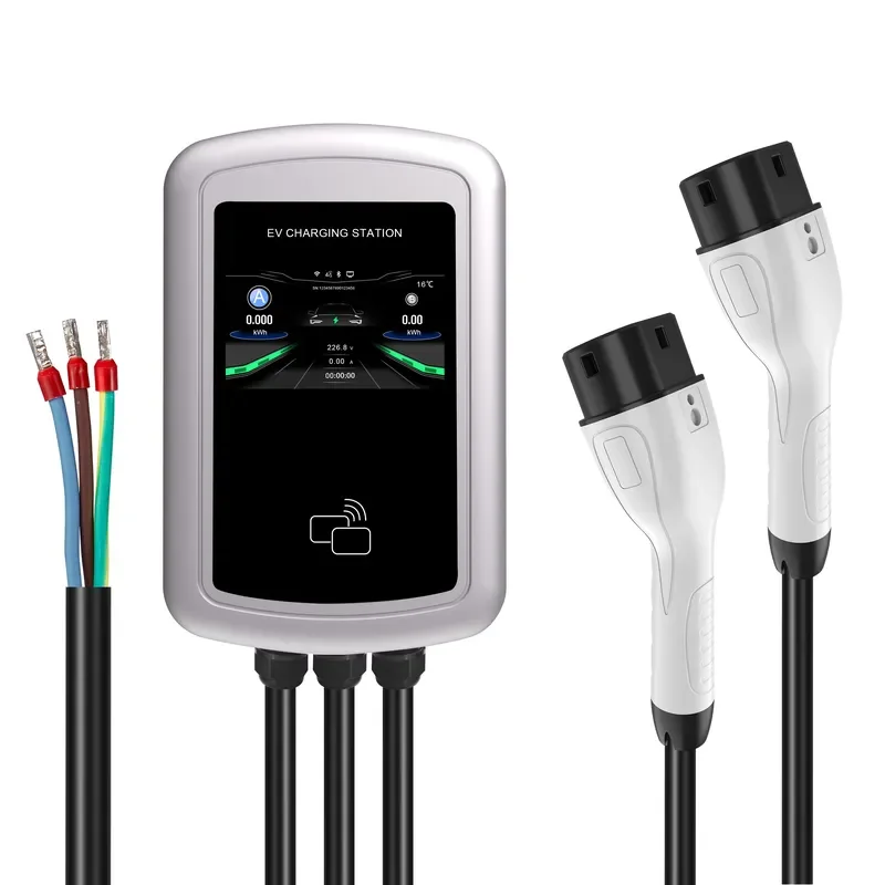 AP01 14kW AC EV Charger for Wall Mount with Type 2 Socket Dual Outlet Twin Guns and Built-in Screen for 2x7kW Charging