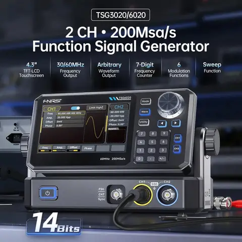 FNIRSI TSC6020 TSG3020 Function Signal Generator 2Ch 60MHz/3oMHz 200MSa/sTouchscreen and Type-C Power for Electronics Repair