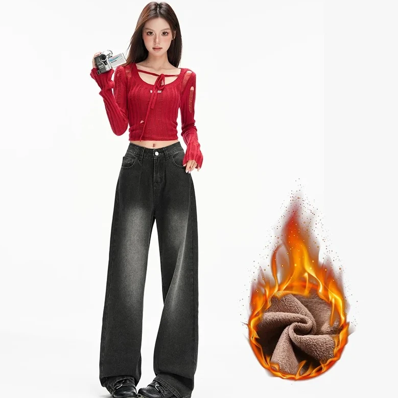 

Y2K винтажные мешковатые флисовые джинсы с высокой талией женские Harajuku популярные модные зимние уличные джинсы брюки