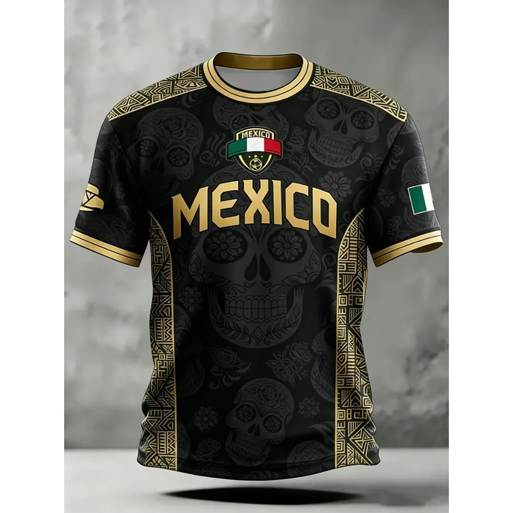 Mexico Summer Skull Football Jersey Men's Aztec Fashion Geometric Vintage Pattern Breathable Short Sleeve Fan Soccer Outdoor Tee
