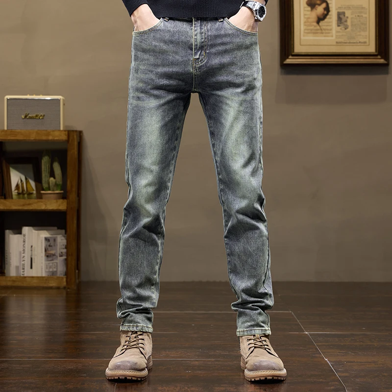 

2024 Fall New Men's Cotton Stretch Slim Jeans Straight Version Business Fashion Denim Pants Vintage Blue Brand Trousers Black