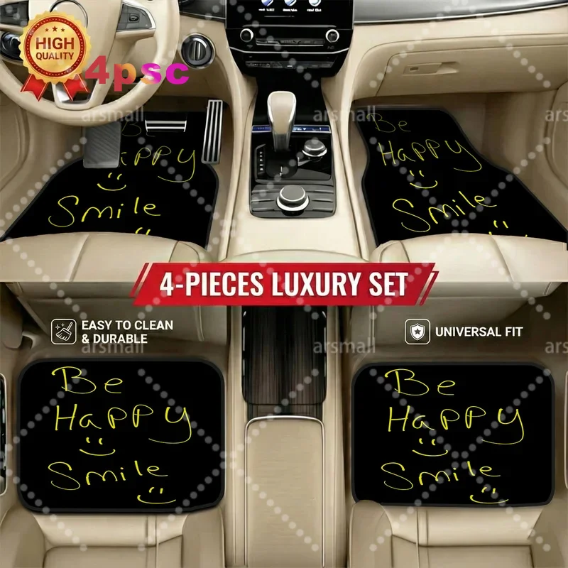 4pcs Universal Car Floor Mats With Happy Smile Pattern, Front & Rear Protection, Easy To Clean, Suitable For All Weather Conditi
