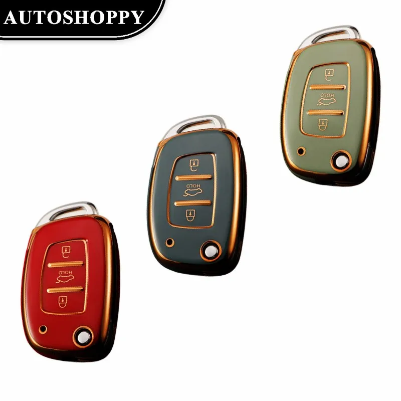 Golden-edged Car Folding Key Cover Case Holder for Hyundai Ix25 I10 I20 I30 Creta Elantra Mistra Verna Tucson Santa Fe Protector