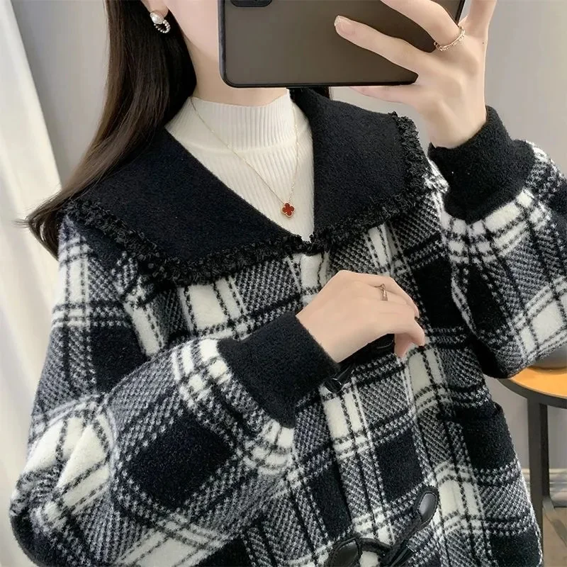 Fall/Winter New Woolen Coat Women Short Small Fragrance Plaid Cardigan Outwear Horn Button Double-Sided Woolen Jacket Female Top