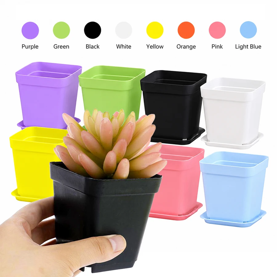 6/12/24pcs Plastic Square Flower Pot with Tray Multicolor Flowerpot Office Indoor Outdoor Decor Beds Garden Nurseries XJM