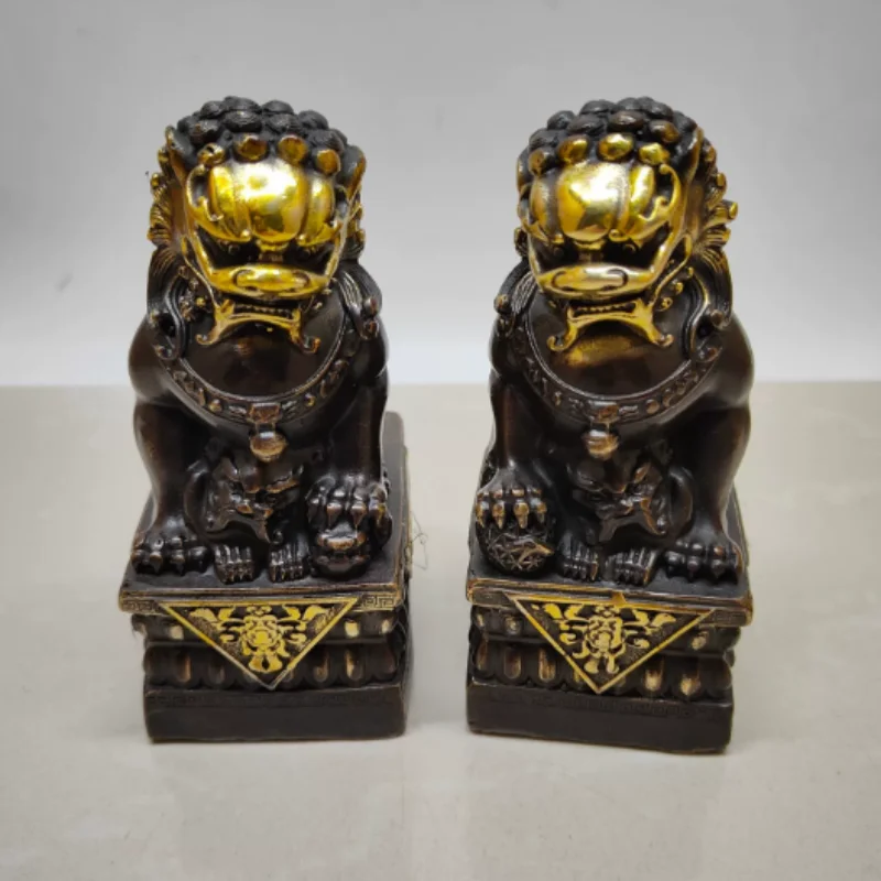 

Antique bronze lion statue ornament a pair Guardian Door Fu Foo Dog home office desktop Feng Shui auspicious decoration