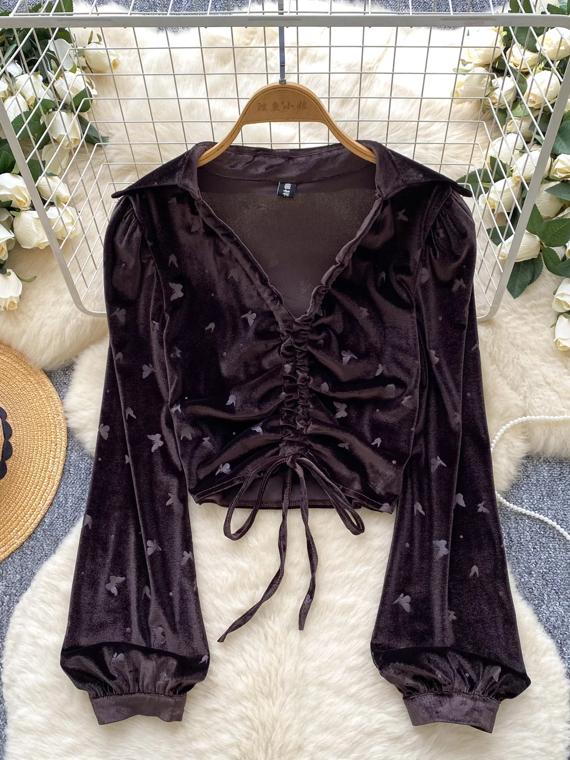 Retro Sle Women's Velvet irt ort Printed Long Sve V-Ne  Pattern Pleated Belted Faionable Autumn Top