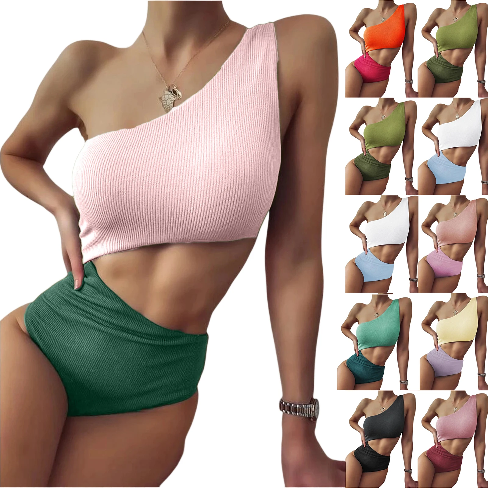 Sexy One Shoulder Swimsuit Summer Ribbed Fabric Cutout Slimming Vacation One Piece Beach High Cut Bathing Suit Beachwear
