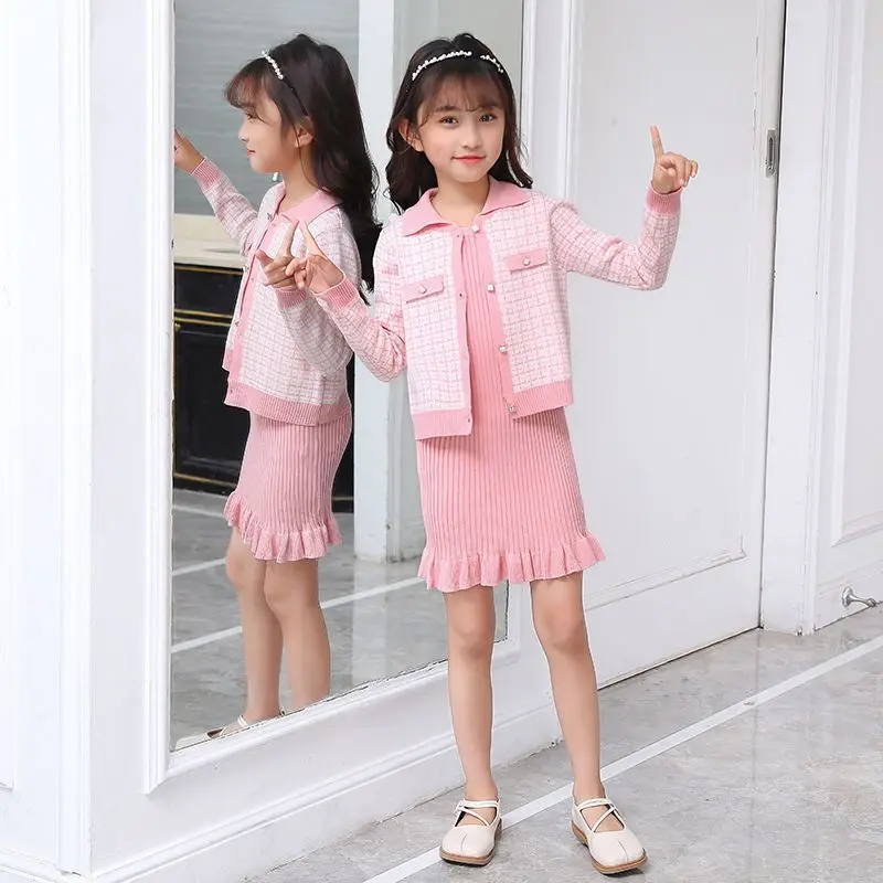 

2023 Children Knitted Clothing Set Girls Suit Autumn and Winter New Fashion Style Girl's Two-piece Set Dress Kid's Suit A82