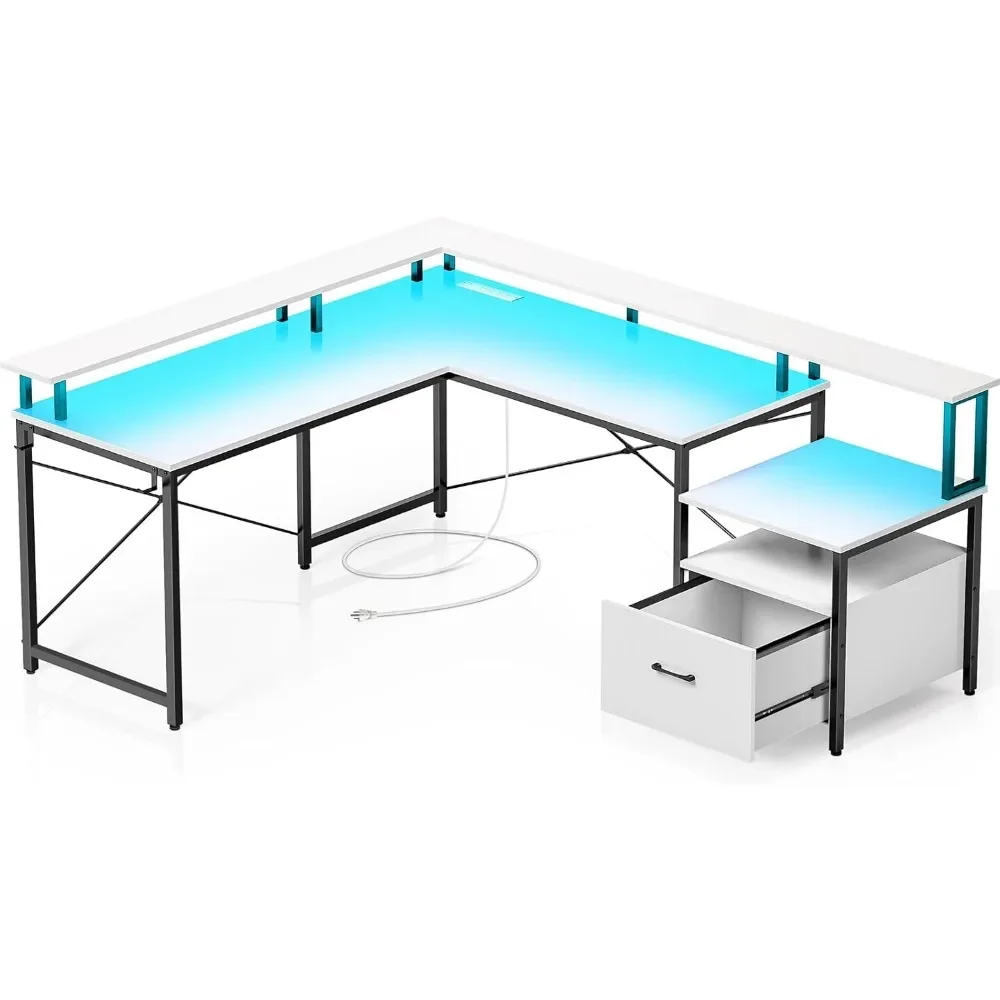 

Компьютерный стол с ящиком для файлов, розеткой и светодиодной лентой, L-образный компьютерный стол с картотечным шкафом, письменным столом с полкой для монитора