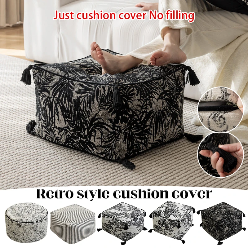 

French Black White Retro Style Sitting Pier Cushion Cover Chinese Ink Embroidery Stool Futon Lazy Sofa Living Room Cushion Cover