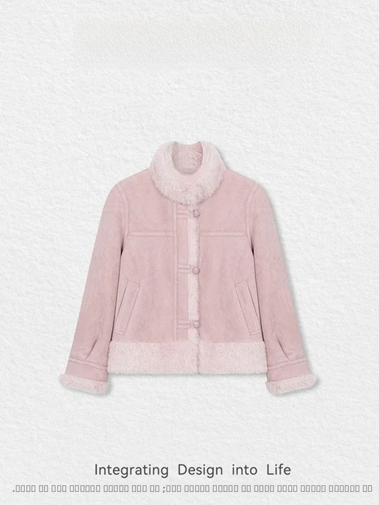 

Unique Pink ort Lamb Fur Jaet Women's Thiened Fce Lined Leather And Fur Inteated Winter New Sle Casual Loose Fit