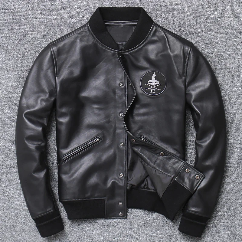 

Fast Shipping Men's Genuine Leather Baseball Jacket Large Capacity Slim Fit Locomotive Black Soft Sheepskin Coat