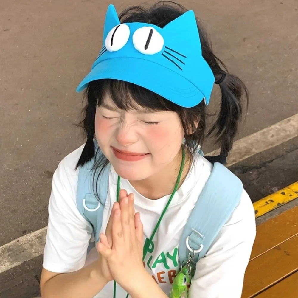 

Sun Protection Big Eyes Cat Visor Cap Adorable Creative Kitty Hollow Hat Funny Quick-drying Fabric Cat Ears Sun Hat Camping