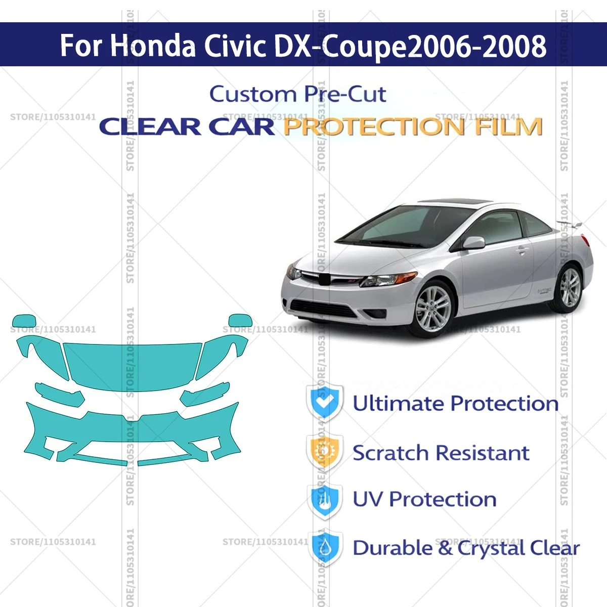 

Предварительно нарезанная защитная пленка PPF, прозрачная автомобильная пленка, профессиональный комплект PPF для передней части автомобиля Honda Civic DX-Coupe 2006-2008