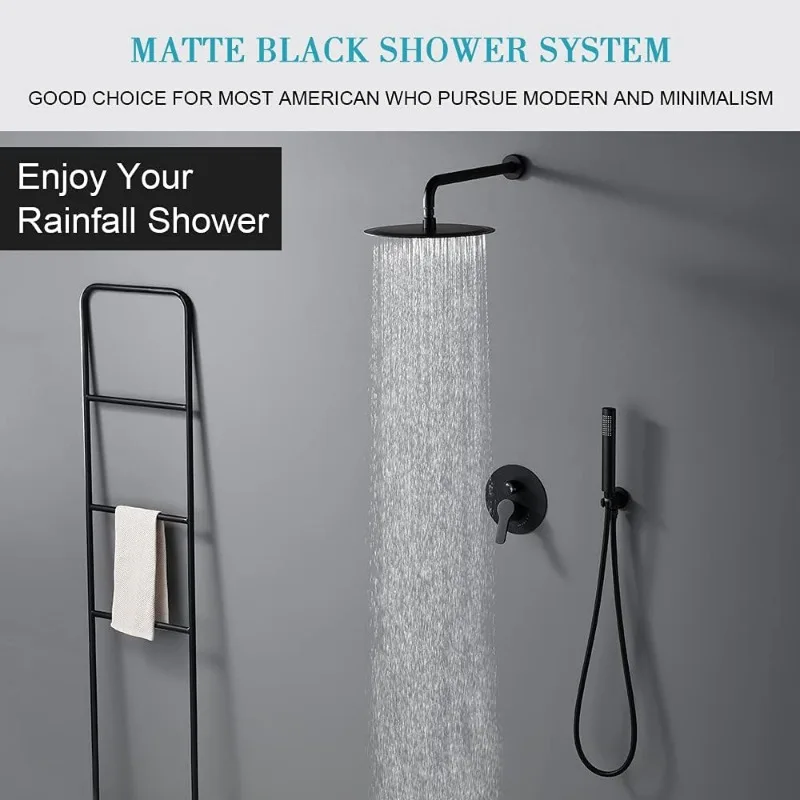 Matte Black Shower Faucet Set, Rain Shower System Contain 10 Inches Rain Shower Head with Handheld, Bathroom Wall Mounted