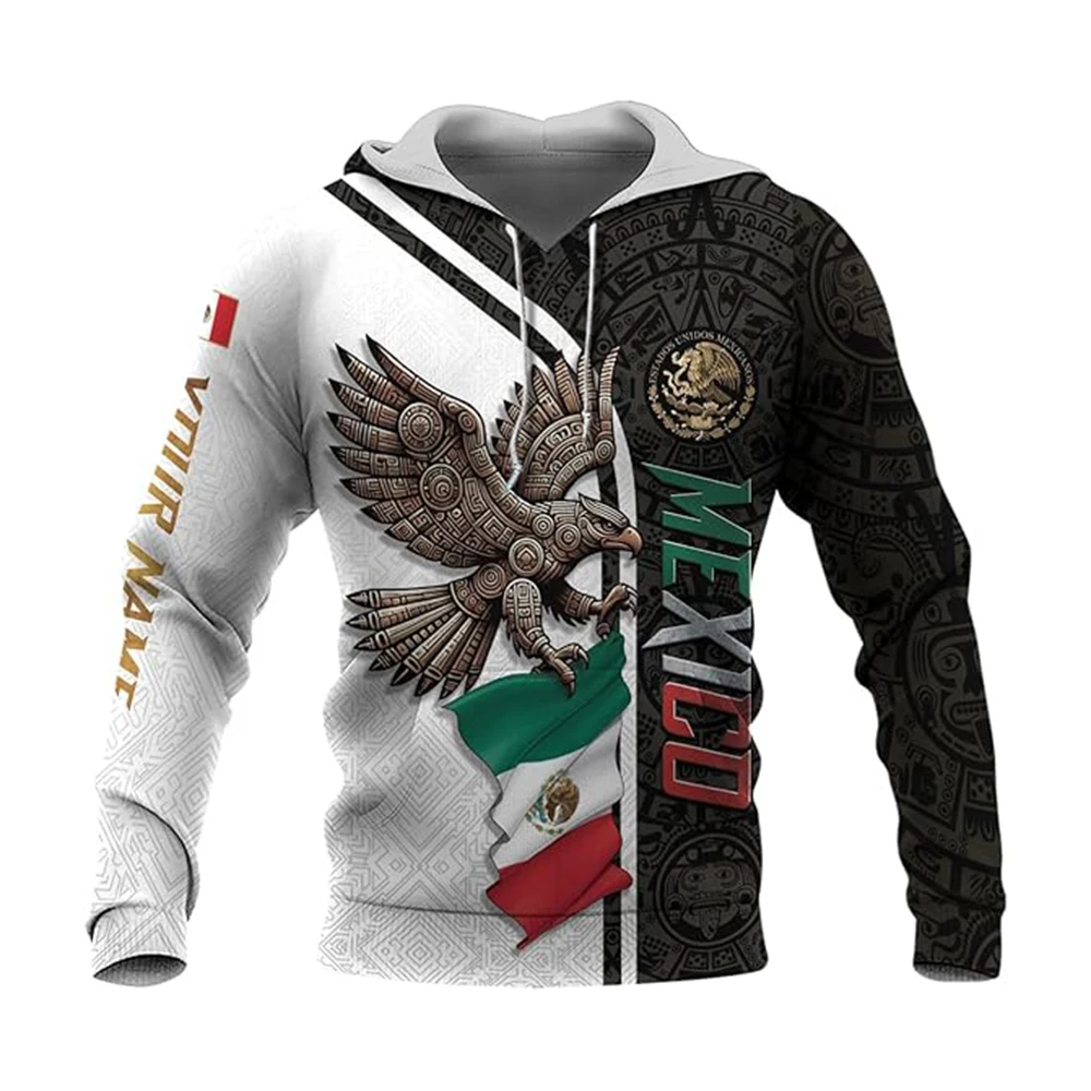 

Mexico Eagle Print Men's Hoodie Mexican Flag Pattern Oversized Sweatshirts Personalization Name Hooded Shirt Autumn Winter Tops