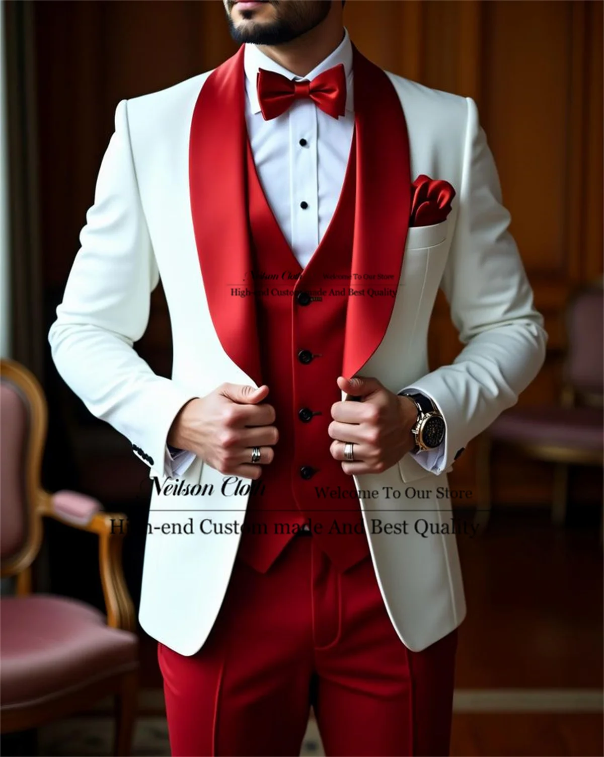 

Formal White Jacket Male Prom Blazers 3 Pcs Sets Red Vest Pants Groom Wedding Tuxedos Customized Shawl Lapel Costume Homme