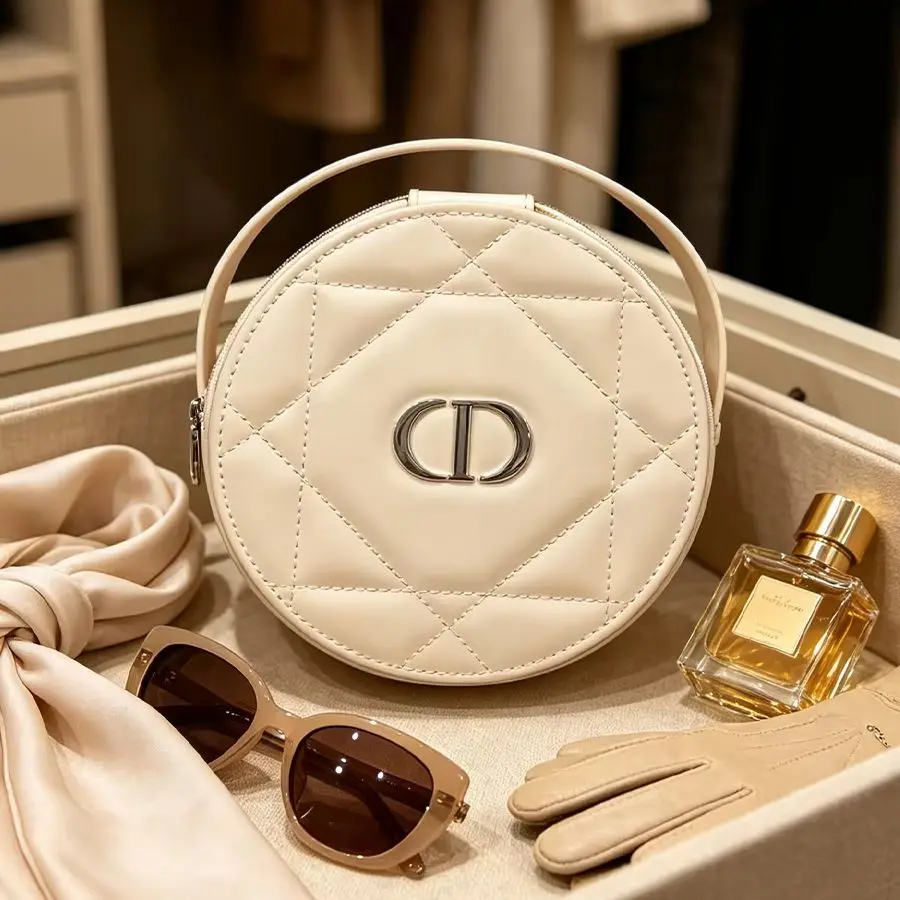 Christian Dior Dior’s Bag Luxury Apricot Round Handheld Makeup Organizer Pouch With Zipper & Built-in Mirror Portable Travel Cos - view 3
