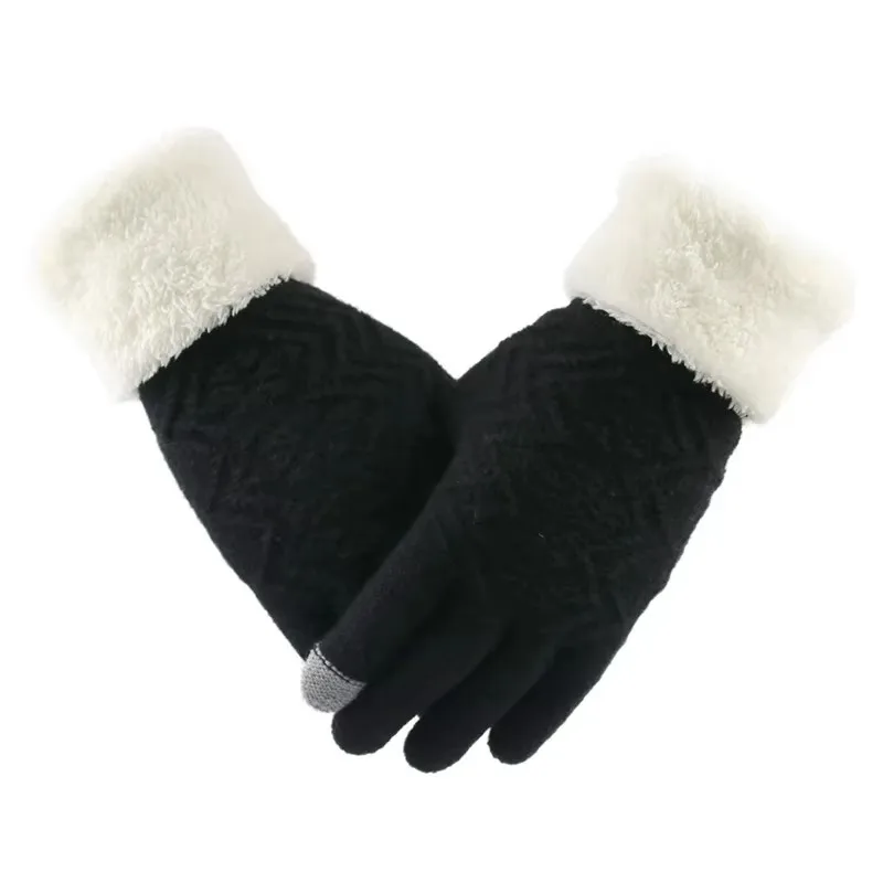 Women Winter Knitted Gloves Warm Touch Screen Fleece Lined Thick Soft Stretch Full Finger Gloves Faux Fur Cuff Mittens