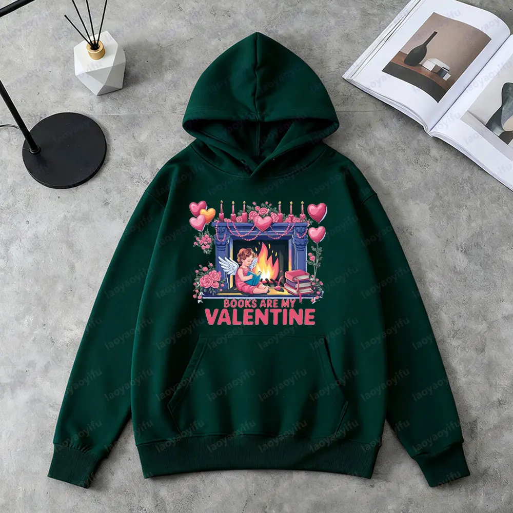 책은 나의 발렌타인입니다 레트로 발렌타인 데이 후드티 귀여운 큐피드 재미있는 커플 스웨트셔츠 여성 캐주얼 가을 겨울 의류