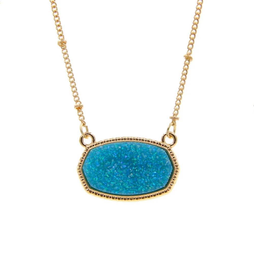 Resin Oval Druzy Pendant Necklace Gold Color Chain Drusy Hexagon Style Necklaces Luxury Designer Brand Fashion Jewelry for Women