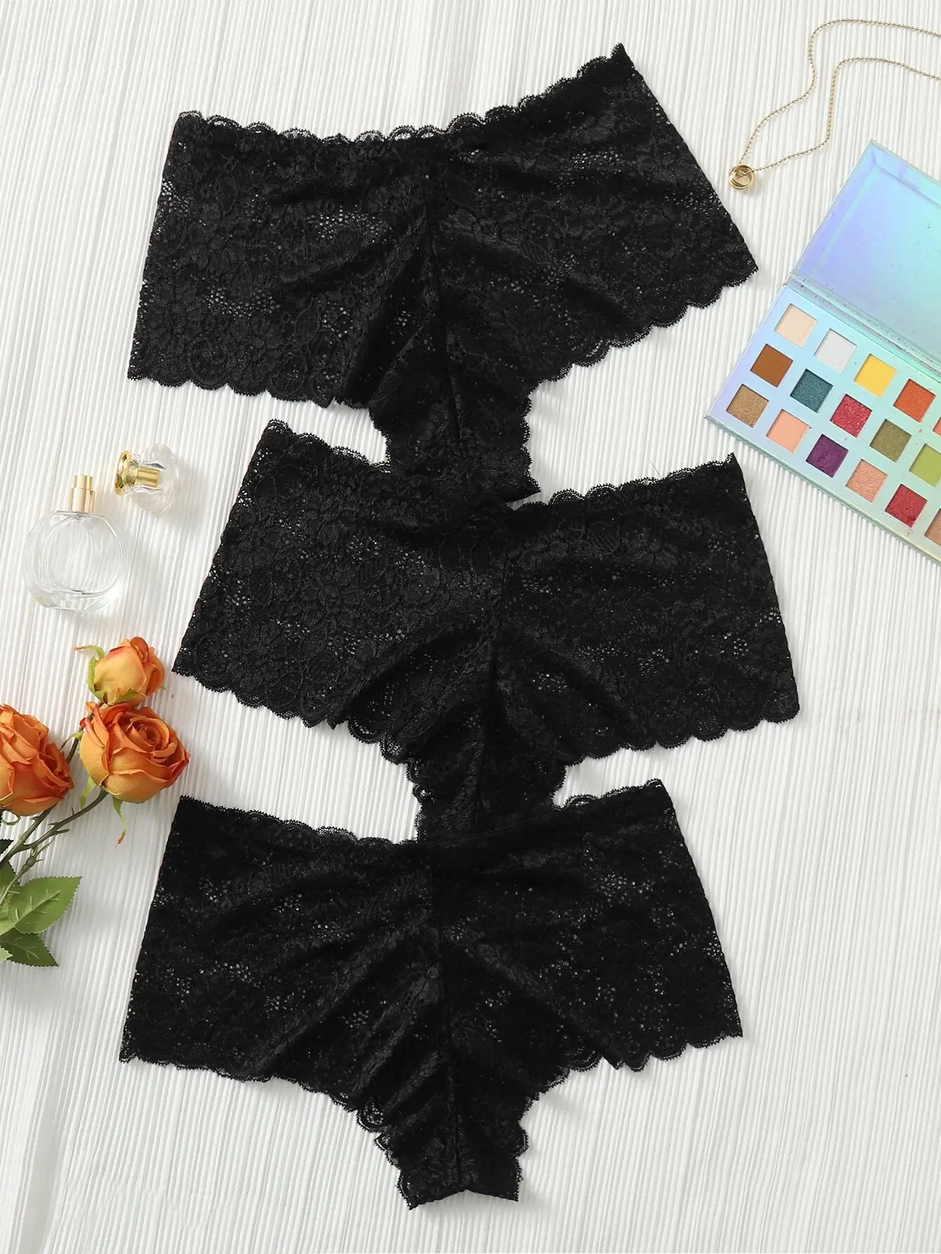 

3-Pack Black Floral Lace Panties with Scallop Trim