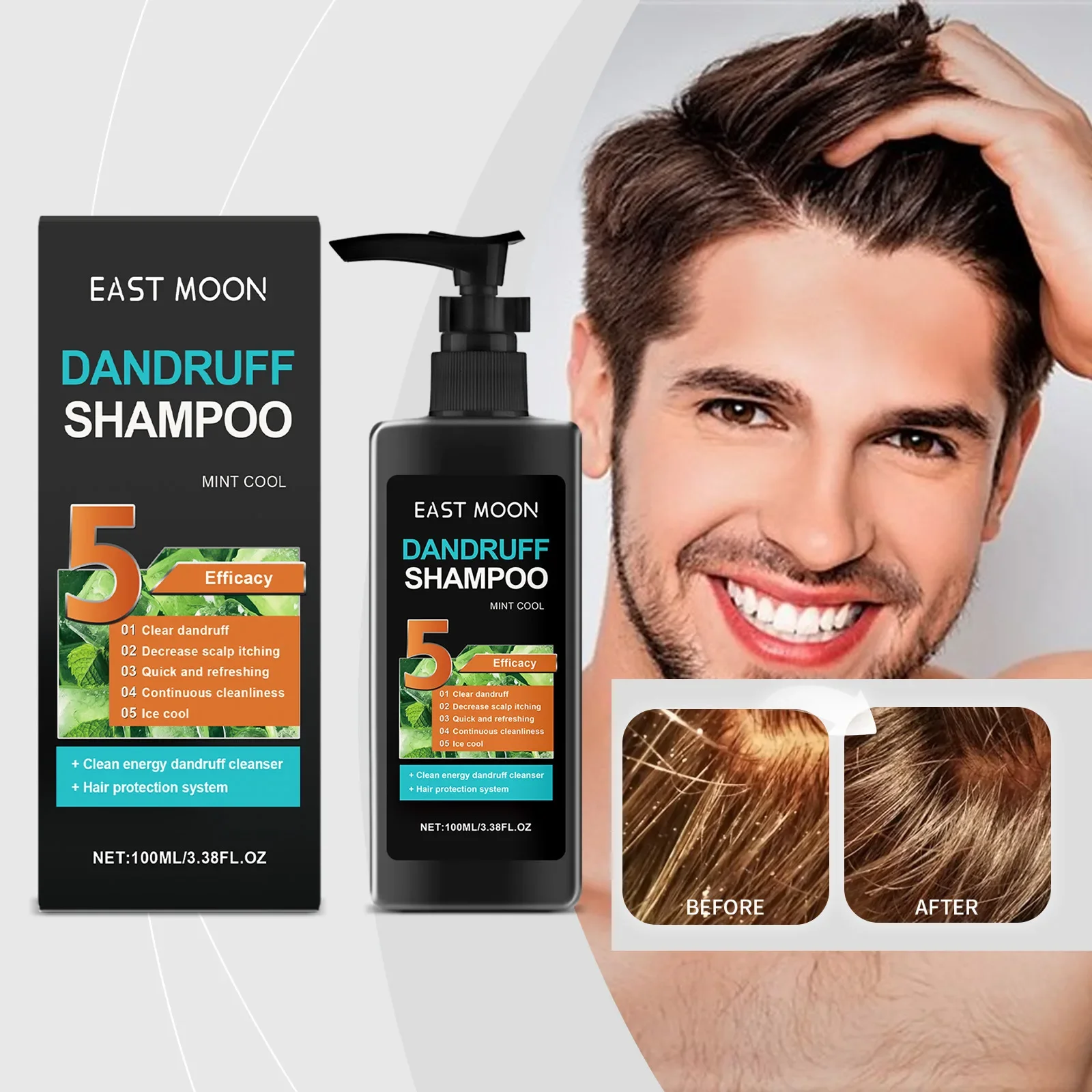 EAST MOON Men's Peppermint Refreshing Shampoo Clean Smooth and Shiny Hair Oil Control Anti-Dandruff Shampoo Profissional