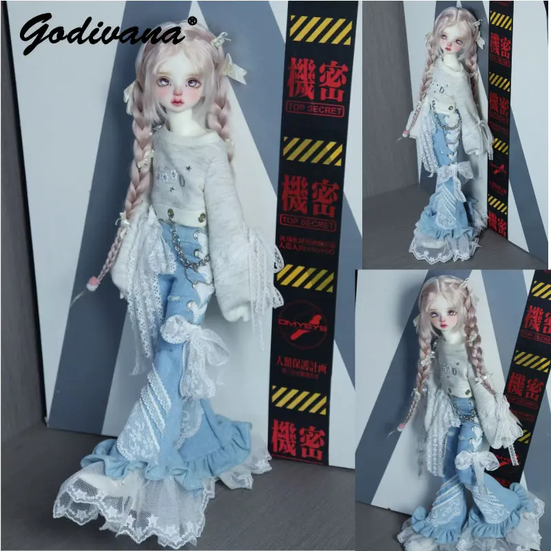 1/4 BJD Subculture Sweet Kawaii Casual Outfit Off Shoulder Crop Top with Lace Flare Denim Pants Y2K Lace Chain Doll Clothes